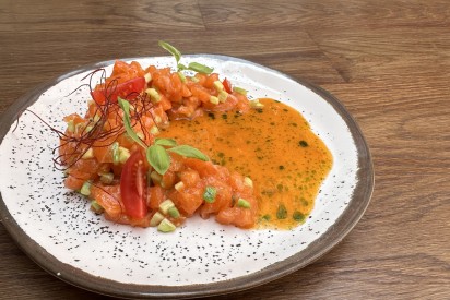 Salmon tartare with avocado and mango-passion fruit sauce