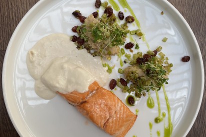 Trout with celery puree and raisins